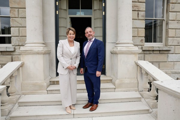 Governor Maura Healey and the Cathaoirleach, Senator Jerry Buttimer, after the governor's arrival to Leinster House