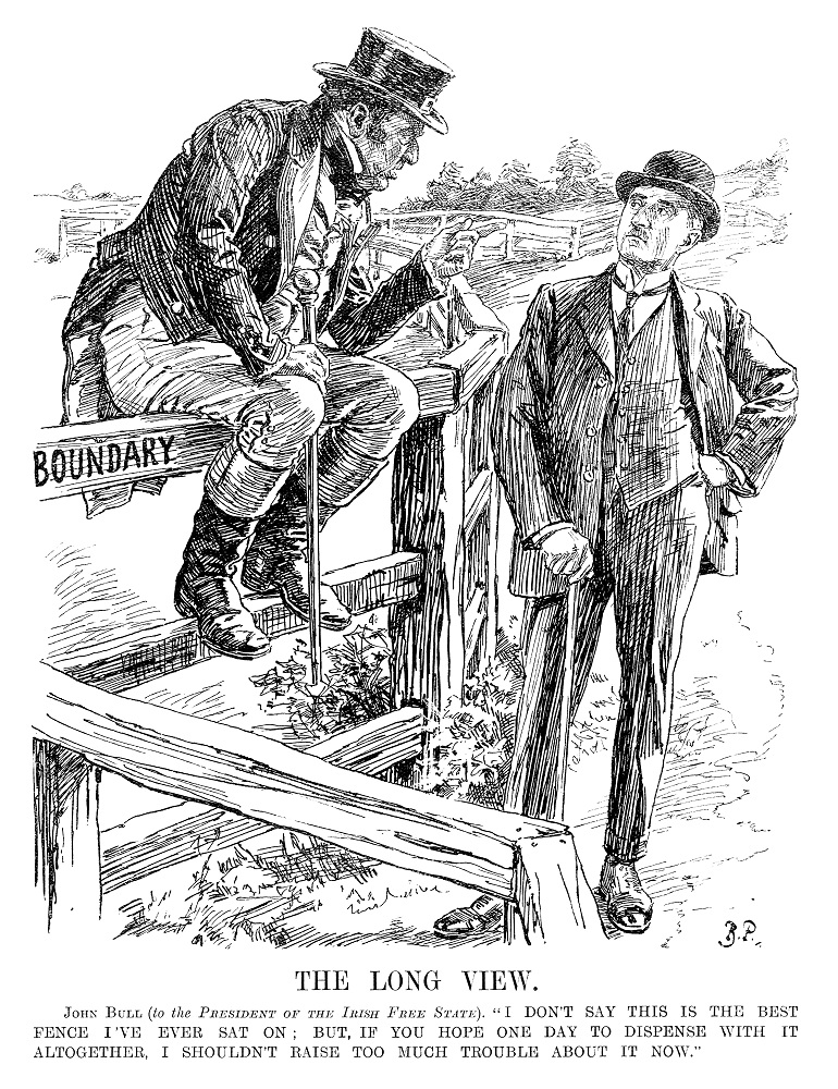 Cartoon of John Bull sitting on a fence marked "Boundary" and talking to W.T. Cosgrave