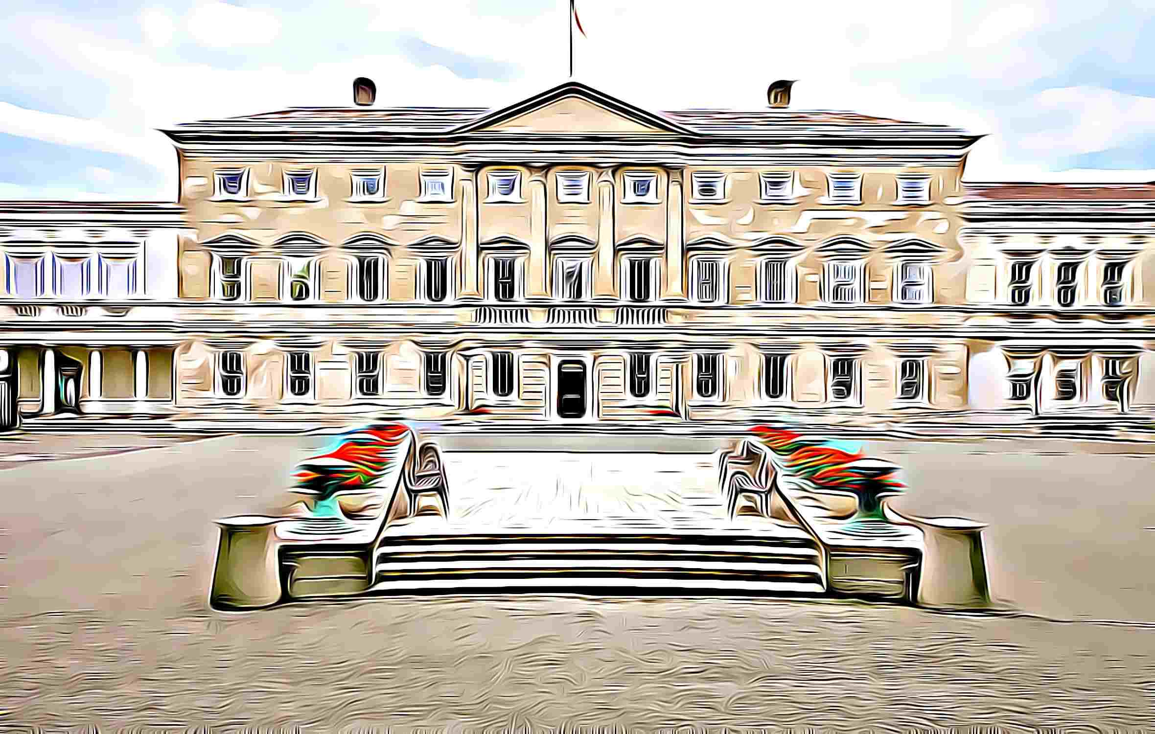 A photo of the facade of Leinster House rendered via a filter to appear hand-drawn with pastel colours