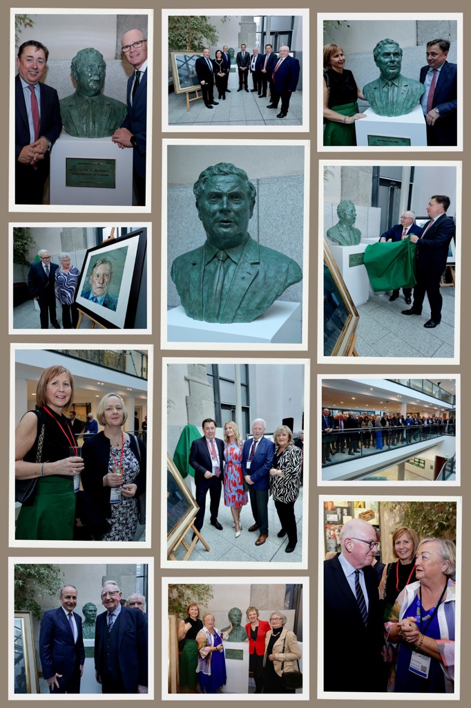Collage of photos of attendees to an unveiling of a bronze bust of John Hume at Leinster House in March 2023