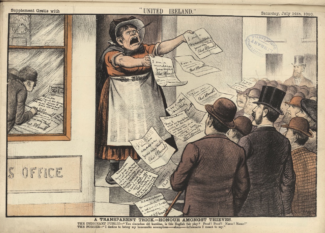 19th century cartoon The Times of a woman throwing fake Parnell letters towards an indignant public, while through a window people can be seen copying Parnell’s signature