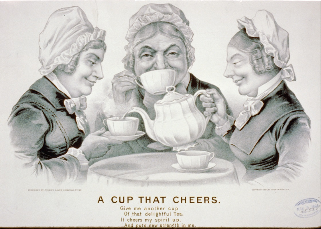 1884 drawing of three ladies enjoying tea, entitled "A cup that cheers"