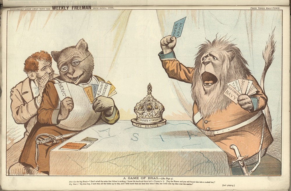 Cartoon despicting a Russian bear and British lion playing cards for the crown of India. An Irish man advises the bear that the lion has a weak hand. The bear has won all the tricks so far.