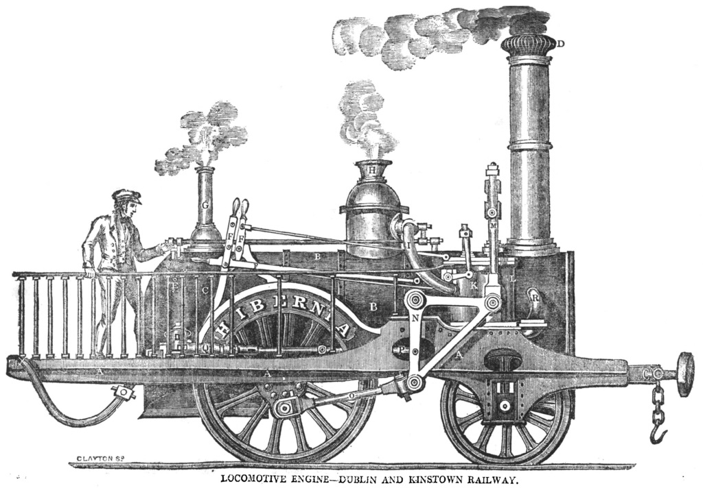 Line drawing of locomotive on the Dublin and Kingstown railway