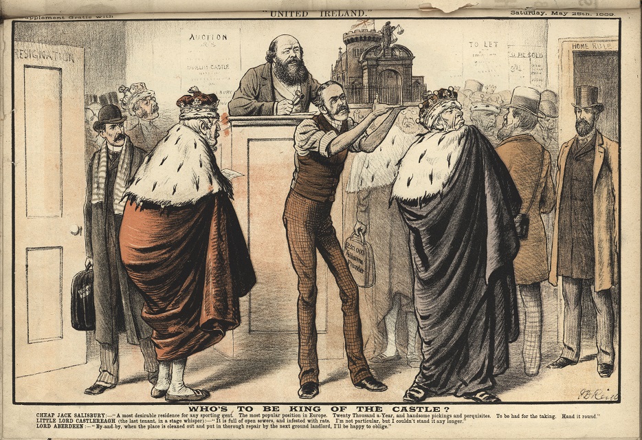 Satirical cartoon depicting Dublin Castle being auctioned to peers dressed in coronets and ermine robes, 1889