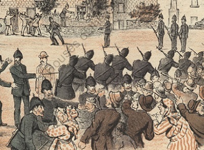 Cartoon showing an attempted eviction at Castleview, Co. Cork in 1886