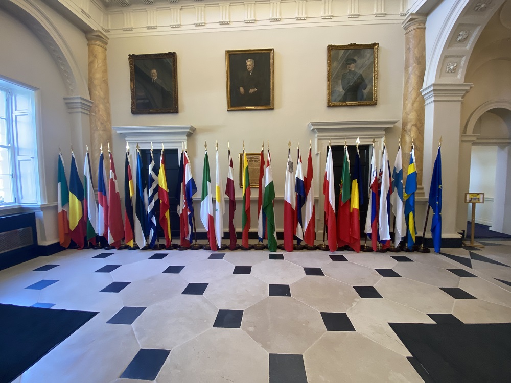 Flags of the 27 EU member states on display in the main hall of Leinster House